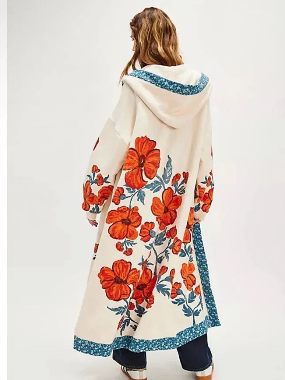 Free People Cream Super Bloom Hooded Floral Cardi with Orange Blooms ๐ฅ Size M - Picture 1 of 3